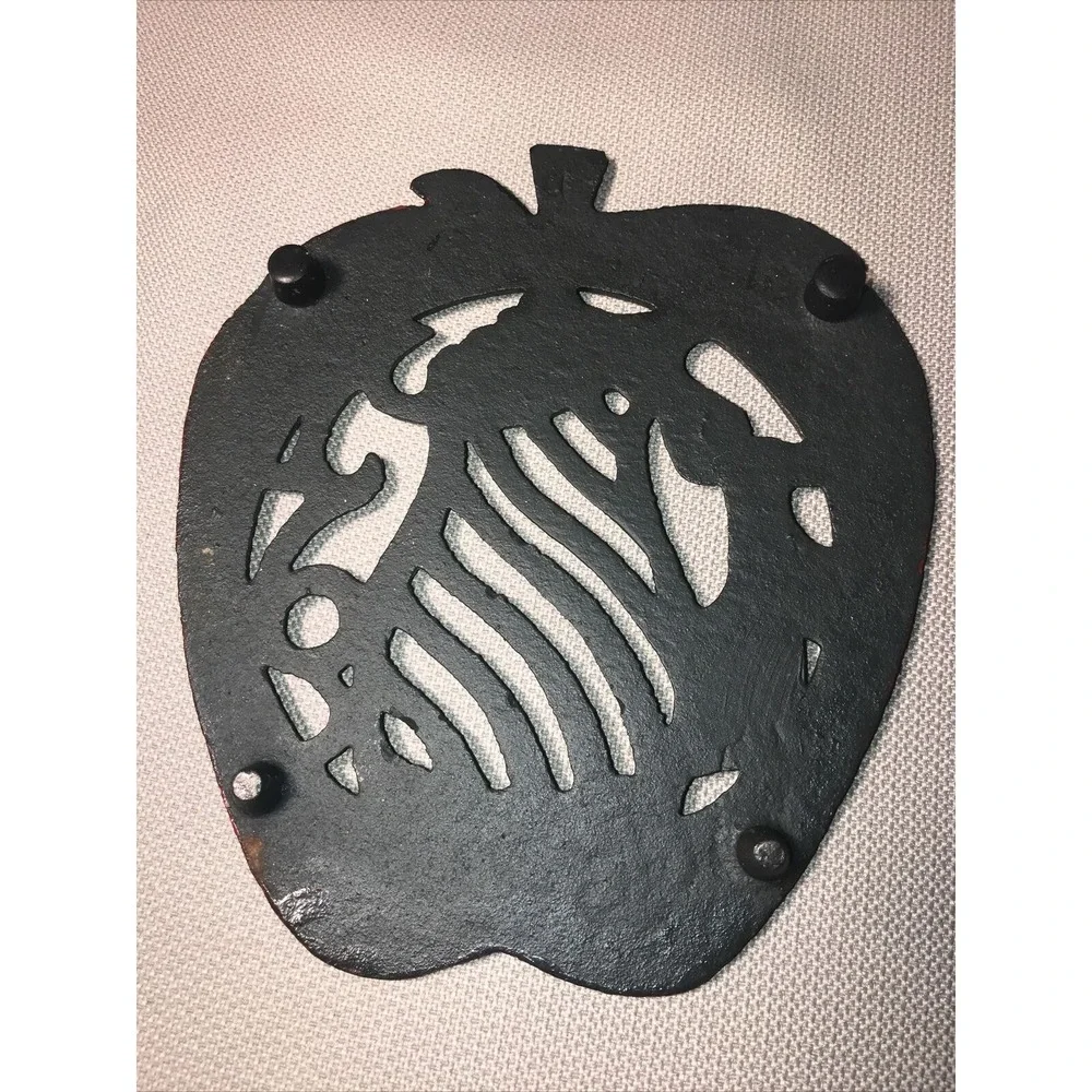 Cast Metal Red Apple Trivet Black Coffee Pot Scroll Design In Center